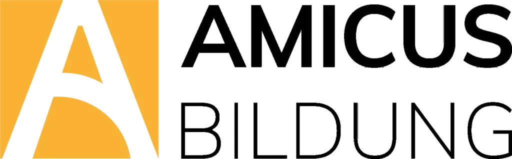 Logo von AMICUS Bildung mit gelbem und schwarzem Design.