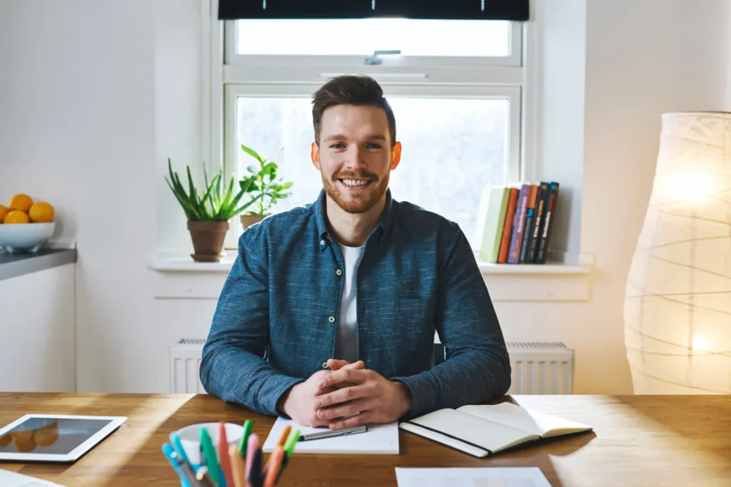 Mann mit Bart sitzt an einem Schreibtisch und lächelt, umgeben von Notizbuch und Schreibutensilien.